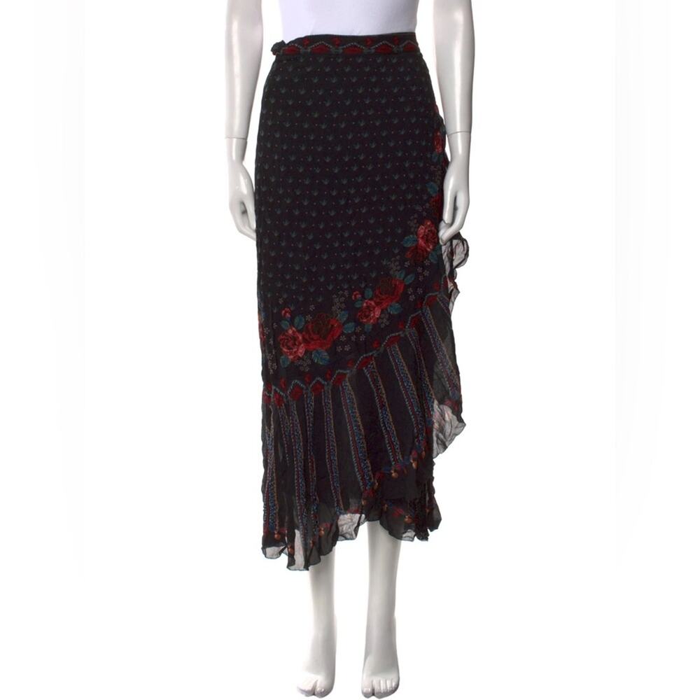 FARM RIO Black Rose Wrap Midi Skirt Size Medium - Picture 3 of 6
